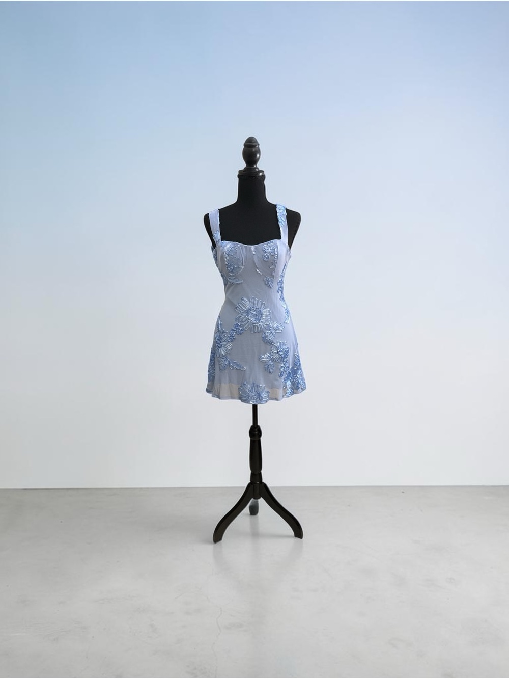SHEIN Light Blue Floral Embroidered Mini Dress